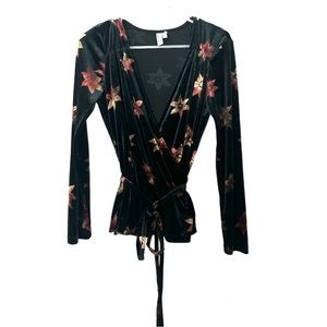 & Other Stories Black Y2K Floral Velvet Wrap Top Size 4